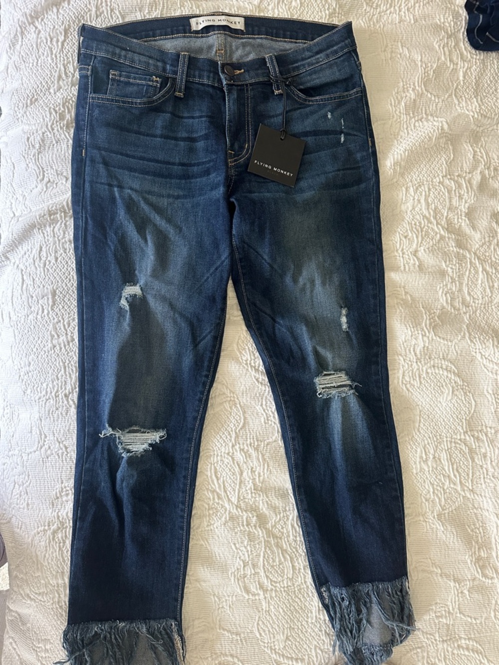 Flying Monkey Dark Blue Distressed Ankle Jeans with Fringe Hem